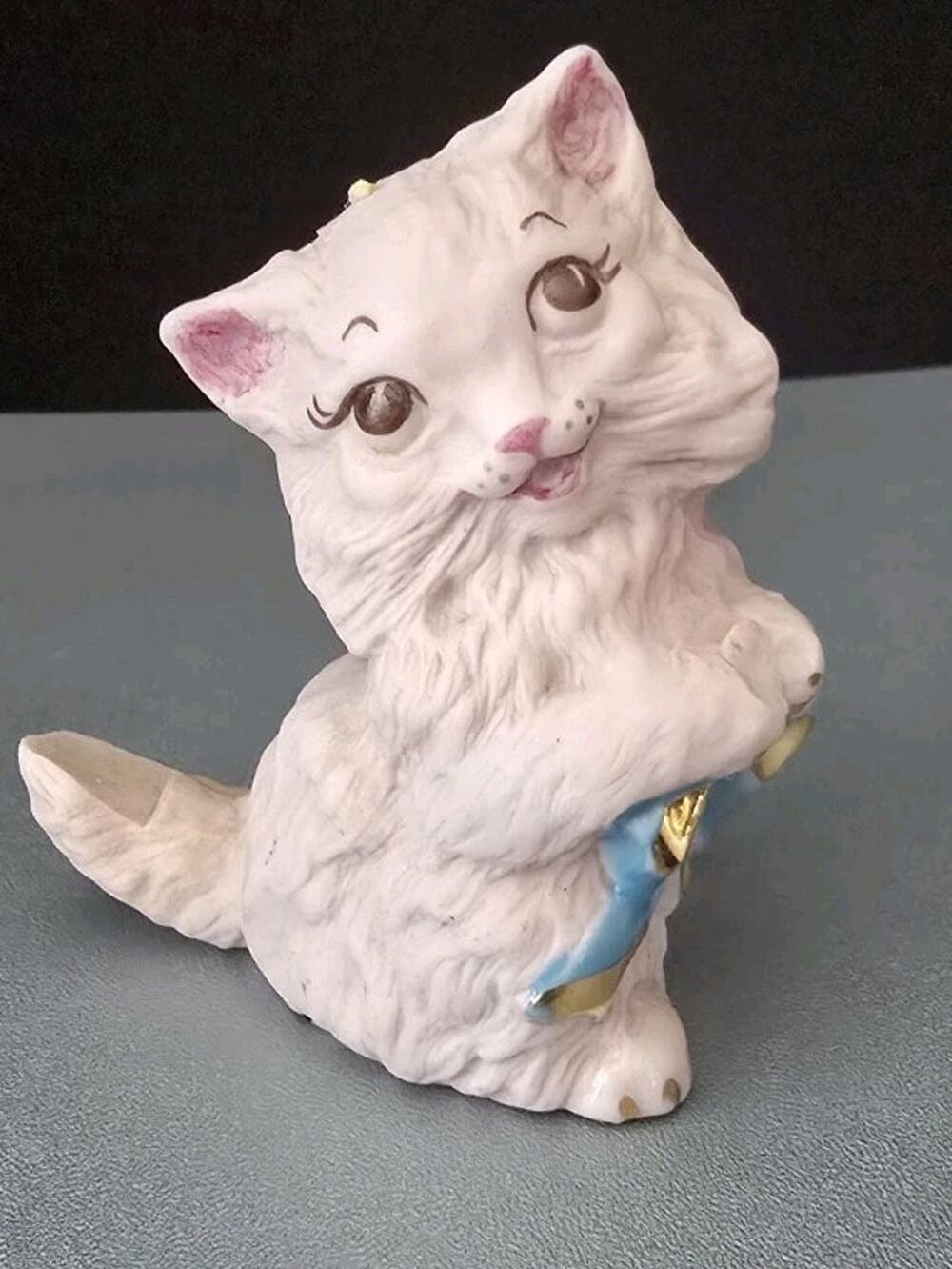 Vintage Little Pink Smiling  3" Cat With Blue Bow Ceramic